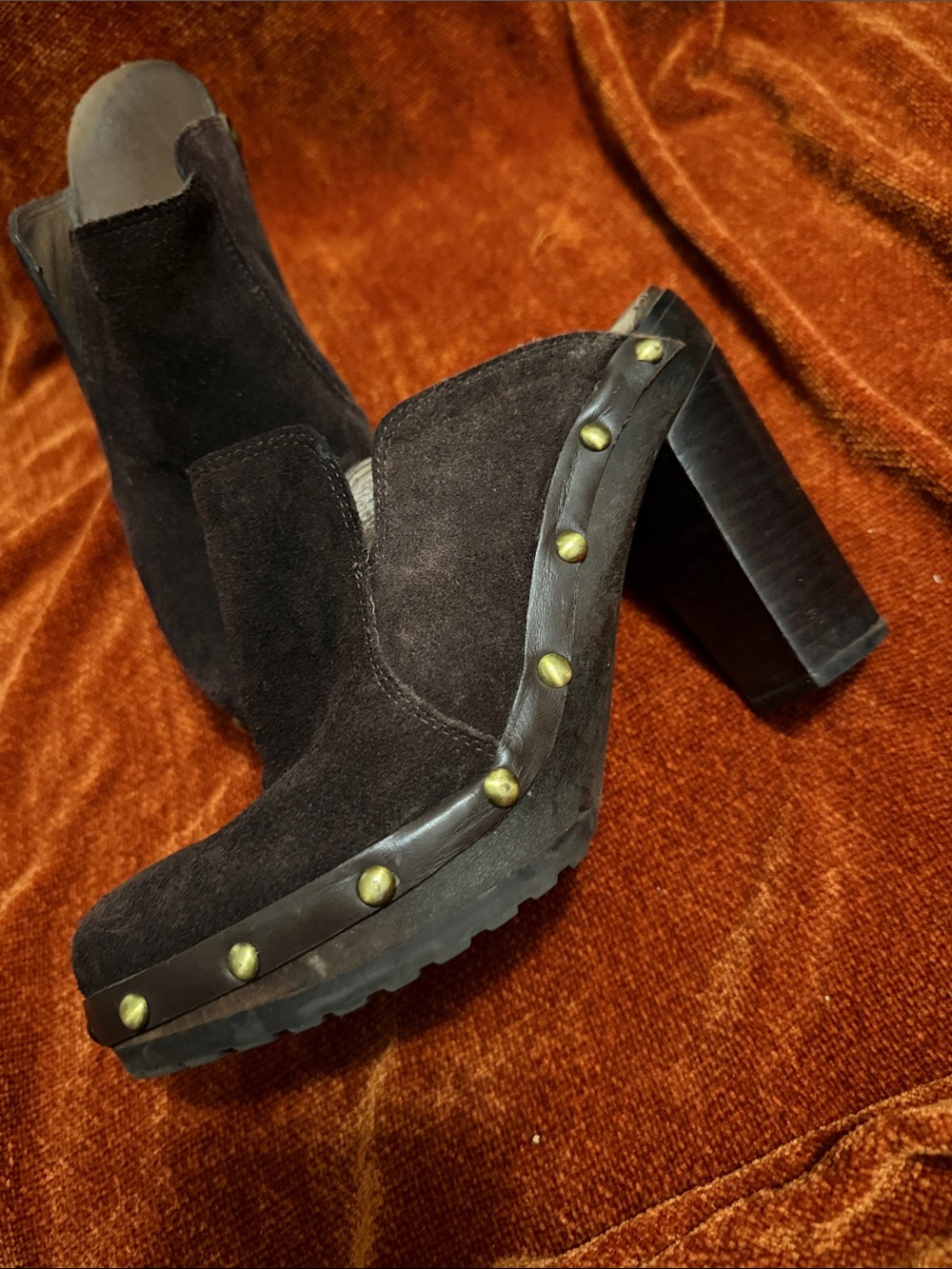 Vianni | Chocolate Suede Studded Slip-On Mules Wood Sole Treaded | 38 - Picture 5 of 9